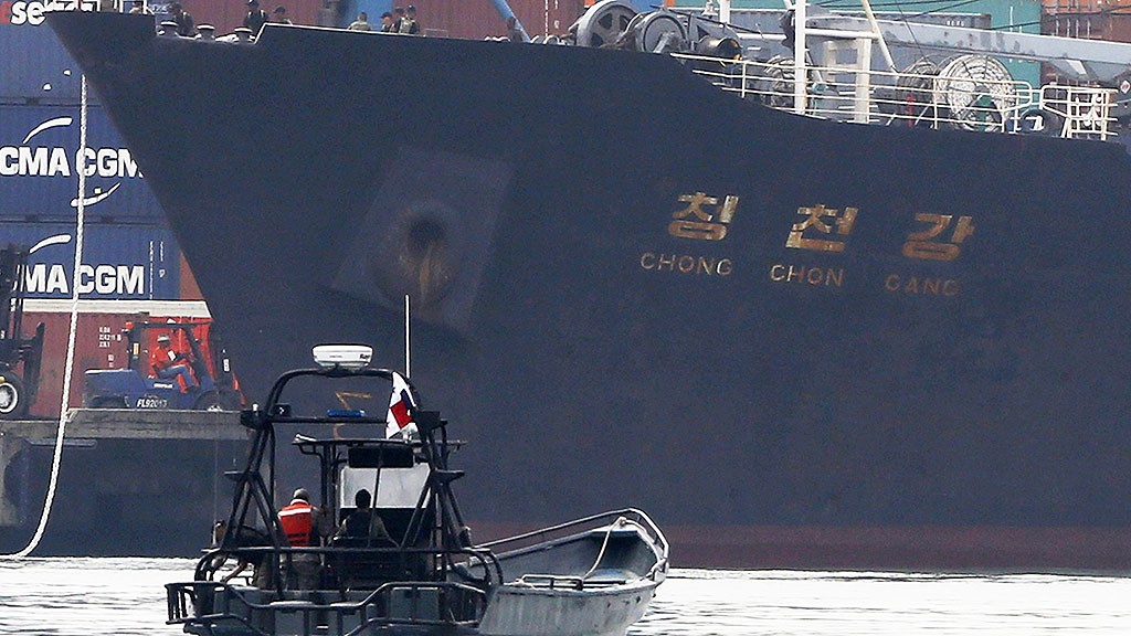 North Korean container ship ''Chong Chon Gang'' docks in Colon City