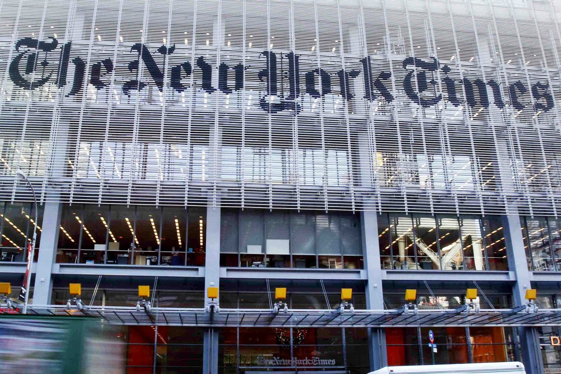 The facade of the New York Times building is seen in New York