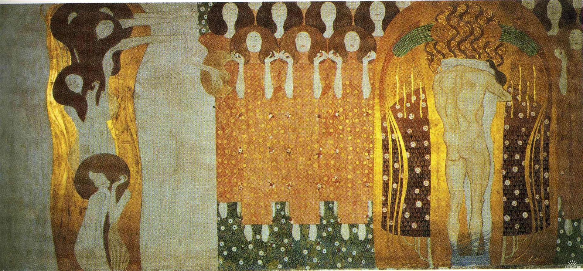  The-Beethoven-Frieze-The-Longing-for-Happiness-Finds-Repose-in-Poetry-Gustav-Klimt-oil-painting 