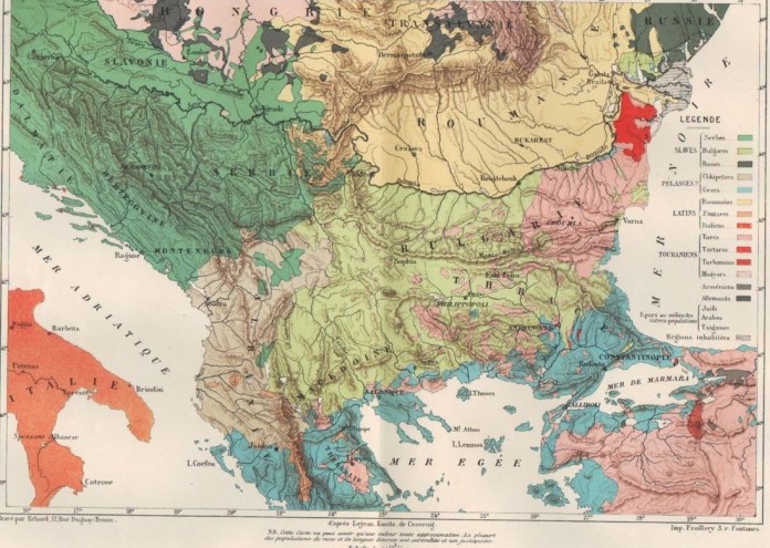  Етническа карта на Балканите от Гийом Лежан, 1861 г 