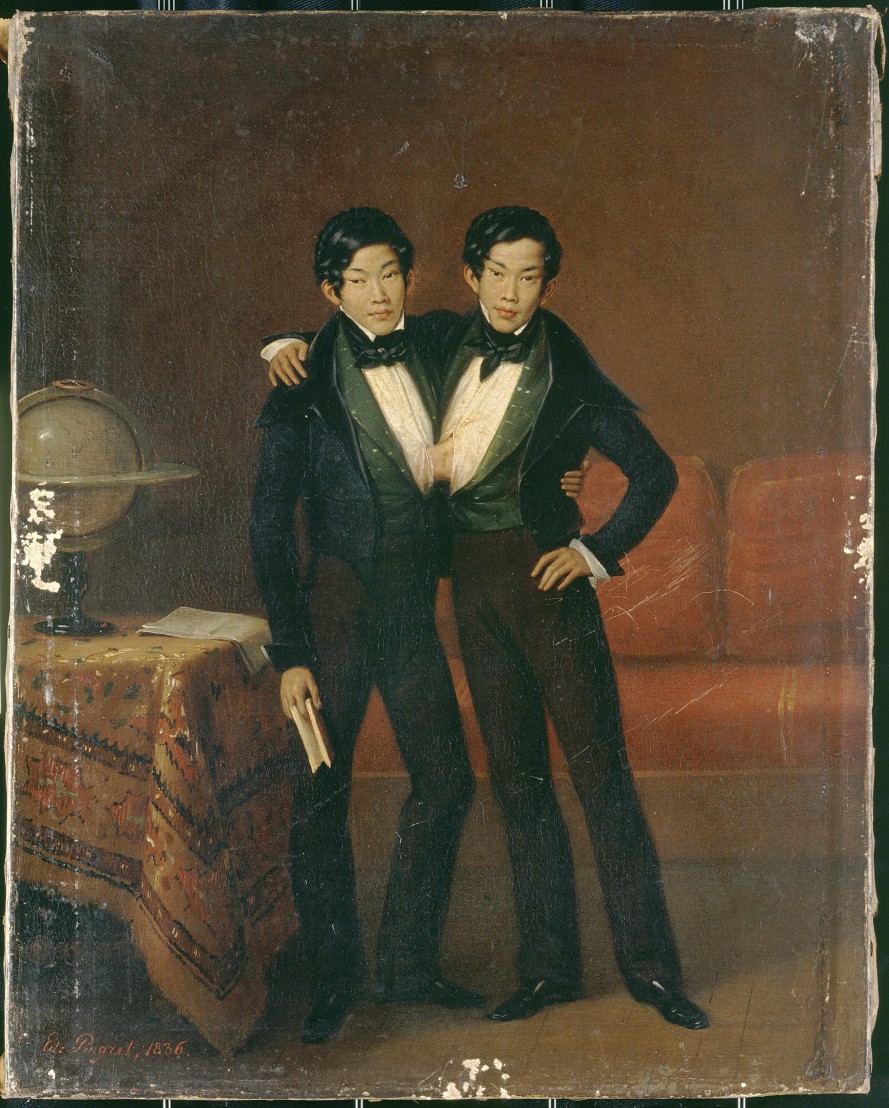  V0017109 Chang and Eng, Siamese twins, 1836. Oil painting by Edouard- 
