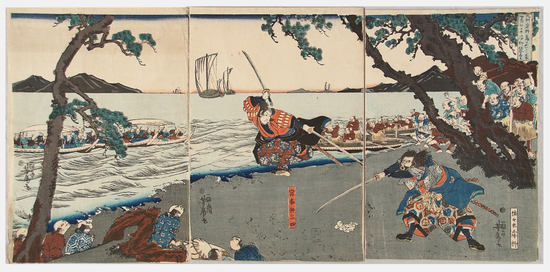  Miyamoto-Musashi-Fights-Sasaki-Kojiro-at-Ganryujima-Ukiyo-e 