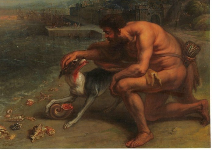 (на картината кучето на Херкулес открива лилавия цвят, художник: Теодор