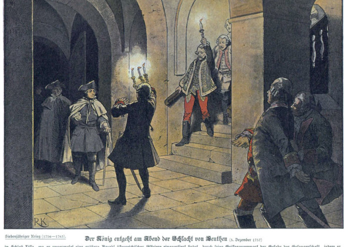  Frederick_the_Great_arriving_at_the_Schloss_von_Lissa_after_the_Battle_of_Leuthen_by_Richard_Knötel 