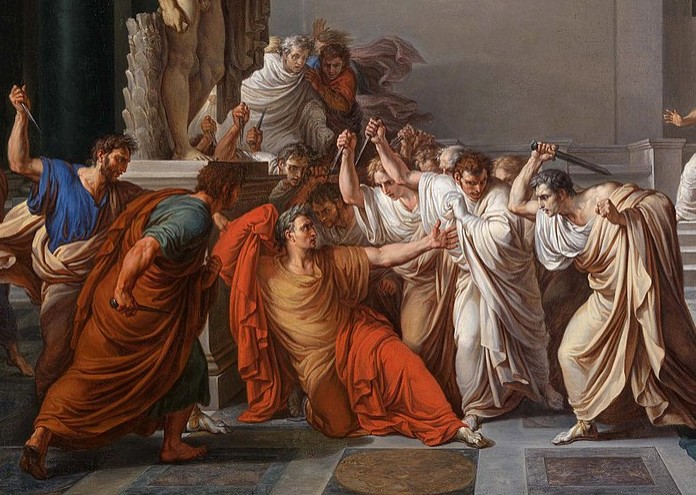 Убийството на Юлий Цезар по време на Мартенските иди на горната картина