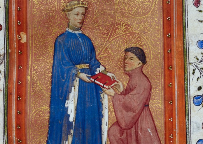 Henry,_Prince_of_Wales,_presenting_this_book_to_John_Mowbray._Thomas_Hoccleve,_Regement_of_Princes,_London,_c._1411-1413,_Arundel_38,_f._37detail