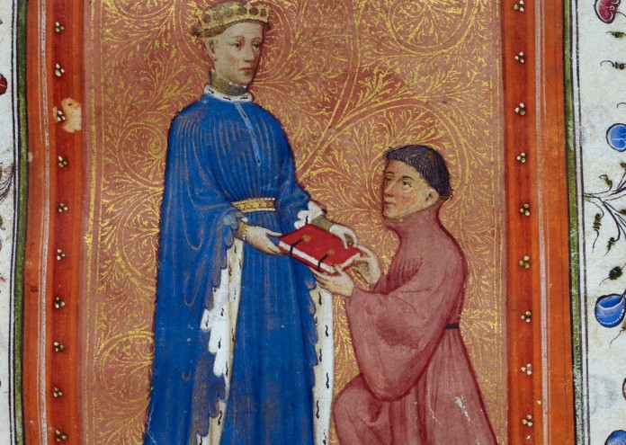  Henry,_Prince_of_Wales,_presenting_this_book_to_John_Mowbray._Thomas_Hoccleve,_Regement_of_Princes,_London,_c._1411-1413,_Arundel_38,_f._37detail 